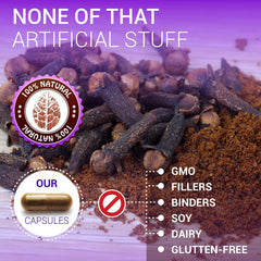 Herbalicious cloves capsules label closeup featuring vitamin and mineral content.