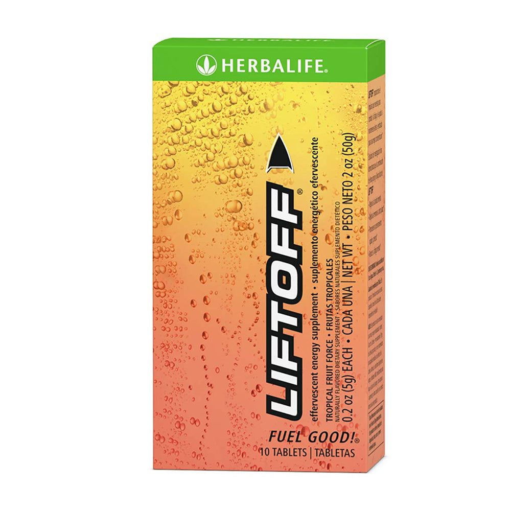 Herbalife Liftoff Tropical Fruit Force bottle with fizz suggesting a refreshing energy lift.