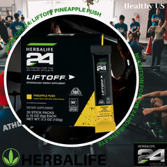 Herbalife24 Liftoff Pineapple Push open stick beside a glass for a refreshing energy drink.