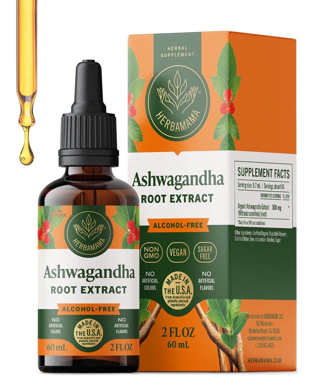 HERBAMAMA Ashwagandha Drops bottle front for daily calm support.