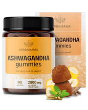 HERBAMAMA Ashwagandha Gummies bottle front promotes calm and mood support.