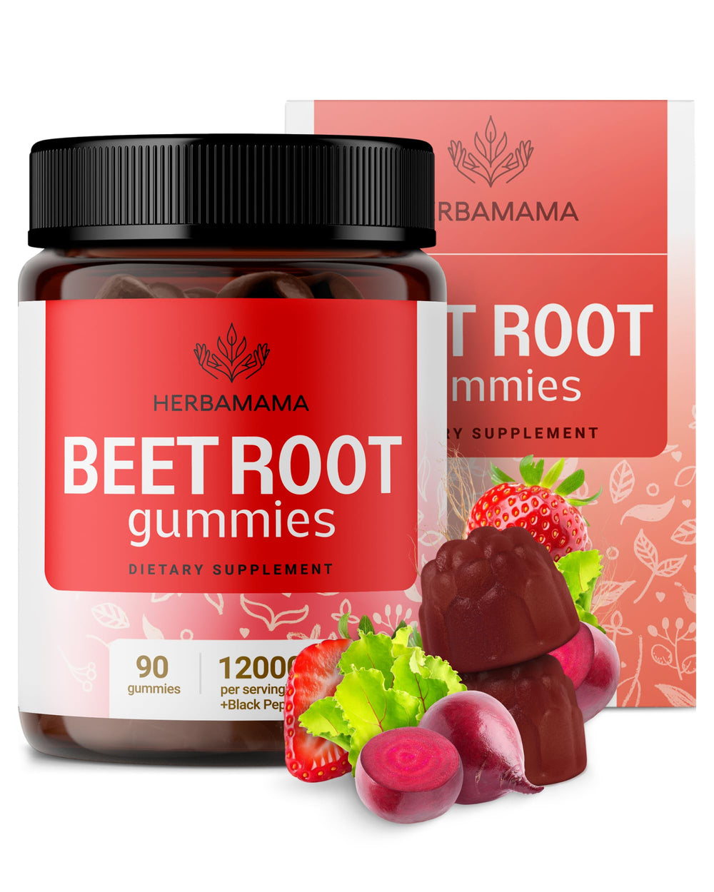 HERBAMAMA Beet Root Gummies bottle showing daily antioxidant support.