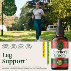HERBAMAMA Butcher's Broom drops pour shows three-ingredient formula for easy use.