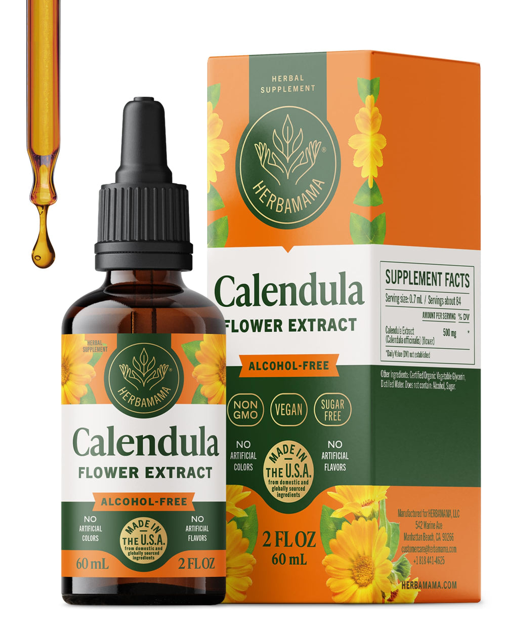 HERBAMAMA Calendula tincture bottle highlights vegan formula for gentle detox support.