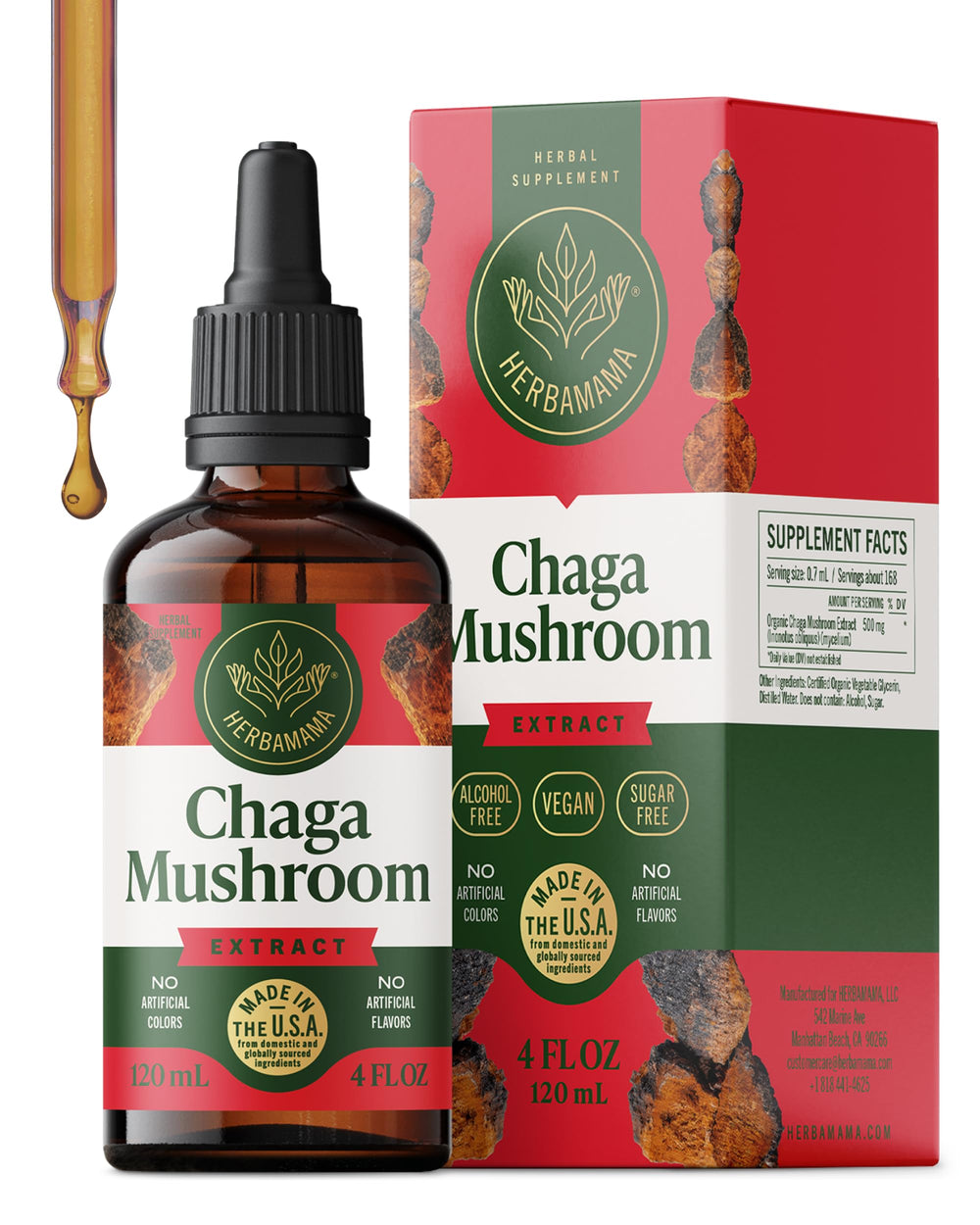 Herbamama Chaga tincture bottle showing vegan, alcohol-free immune support.