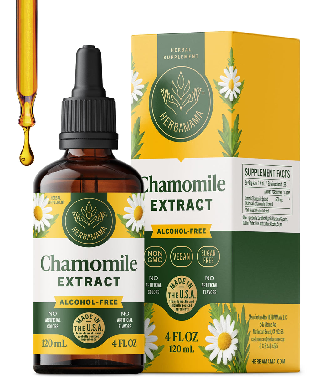 HERBAMAMA Chamomile tincture bottle for vegan calm support and easy dosing.