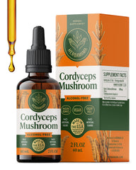 HERBAMAMA Cordyceps tincture bottle on countertop supports everyday immune wellness.