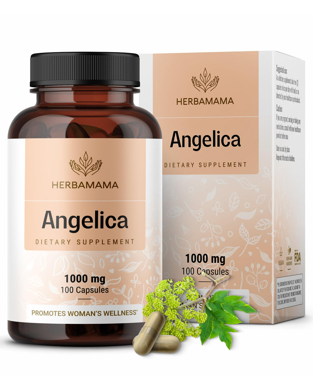 HERBAMAMA Dong Quai capsules close-up shows pure Angelica root for daily feminine support.