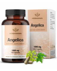 HERBAMAMA Dong Quai capsules close-up shows pure Angelica root for daily feminine support.