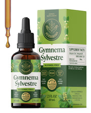 HERBAMAMA Gymnema Sylvestre Drops bottle shows vegan, non-GMO formula for wellness.