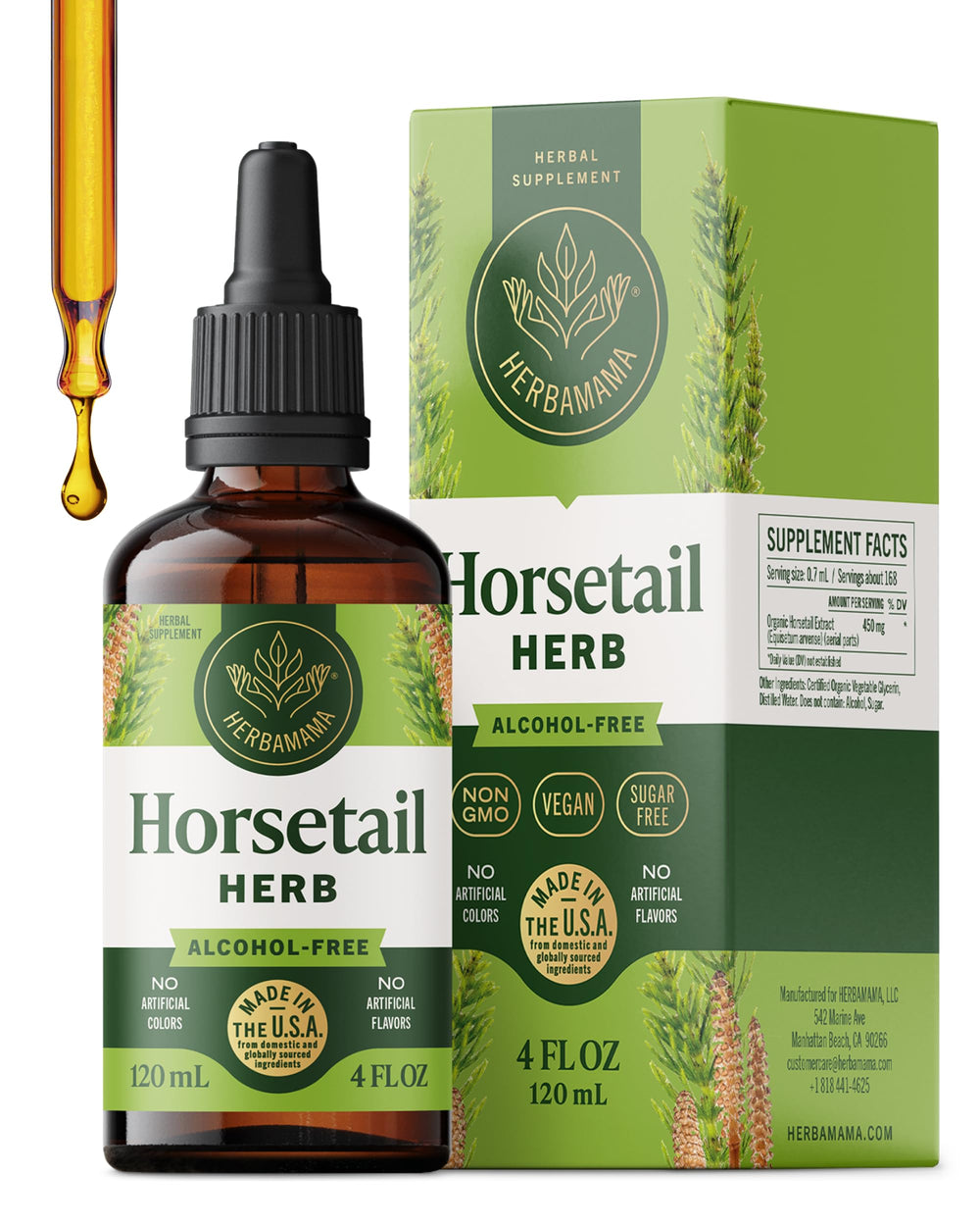 HERBAMAMA Horsetail drops bottle showing vegan, alcohol-free formula for hair, nails, and skin