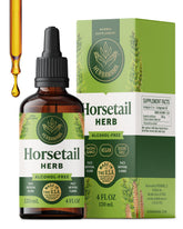 HERBAMAMA Horsetail drops bottle showing vegan, alcohol-free formula for hair, nails, and skin