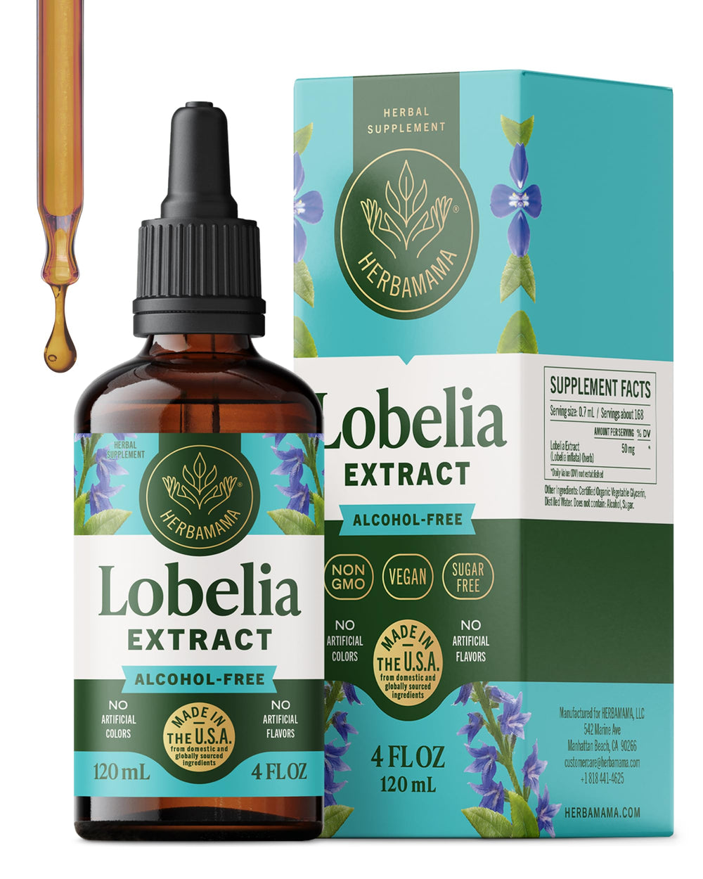 Herbamama Lobelia tincture bottle with dropper for vegan respiratory support.
