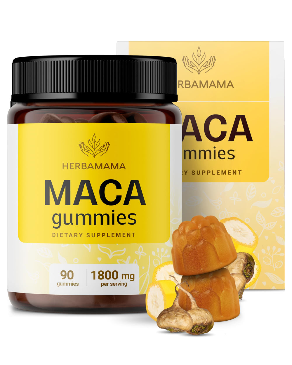 HERBAMAMA Maca Root Gummies bottle provides convenient daily energy support in a vegan formula.