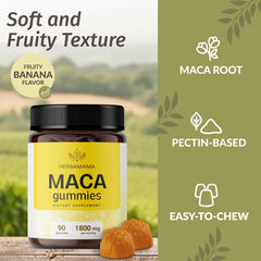 HERBAMAMA Maca Root Gummies on-the-go pack highlights a convenient energy boost during busy days.