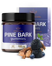 HERBAMAMA Pine Bark Gummies blueberry bottle showing soft, chewy texture and antioxidant support