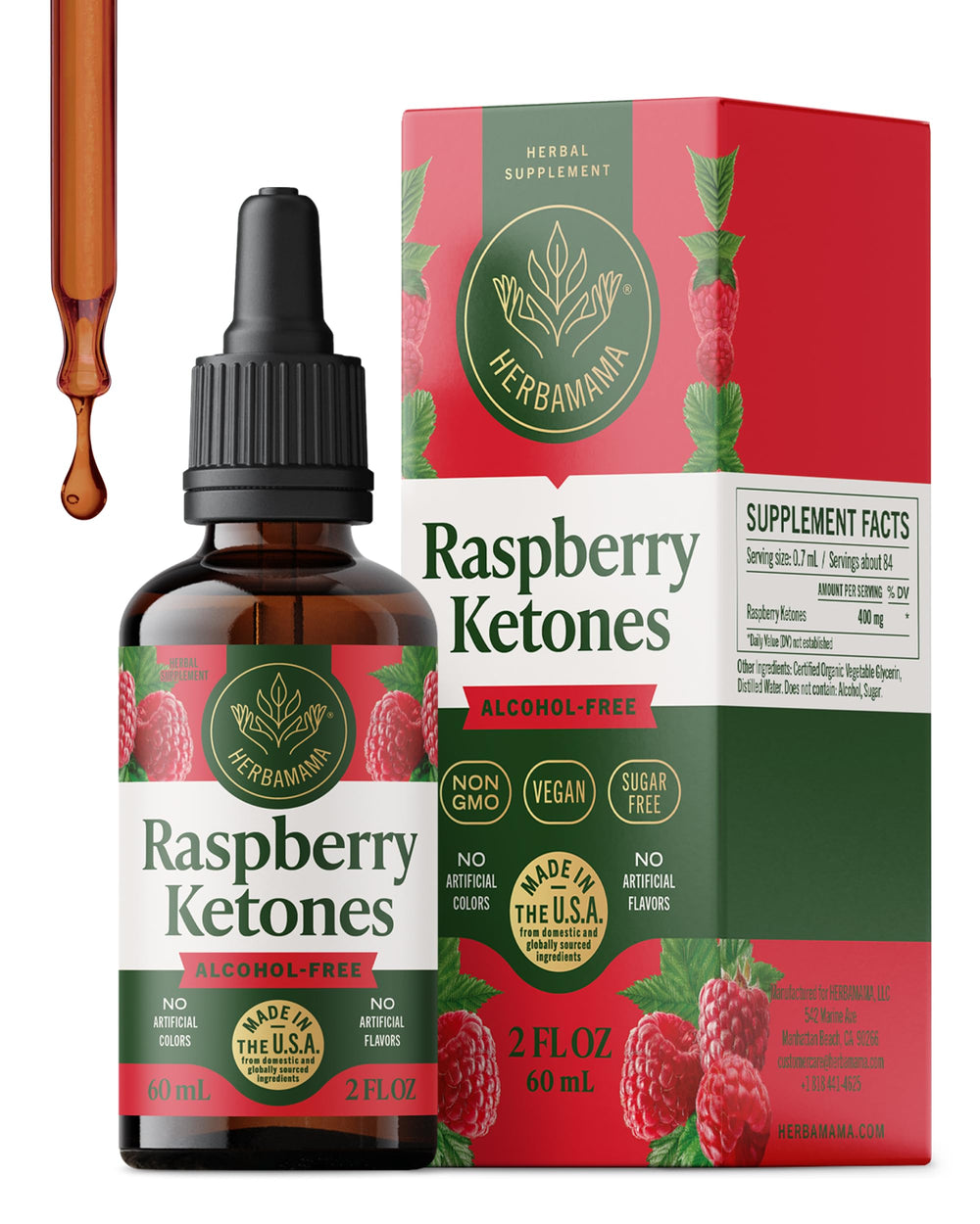 Herbamama Raspberry Ketones bottle showing vegan antioxidant support for daily use.