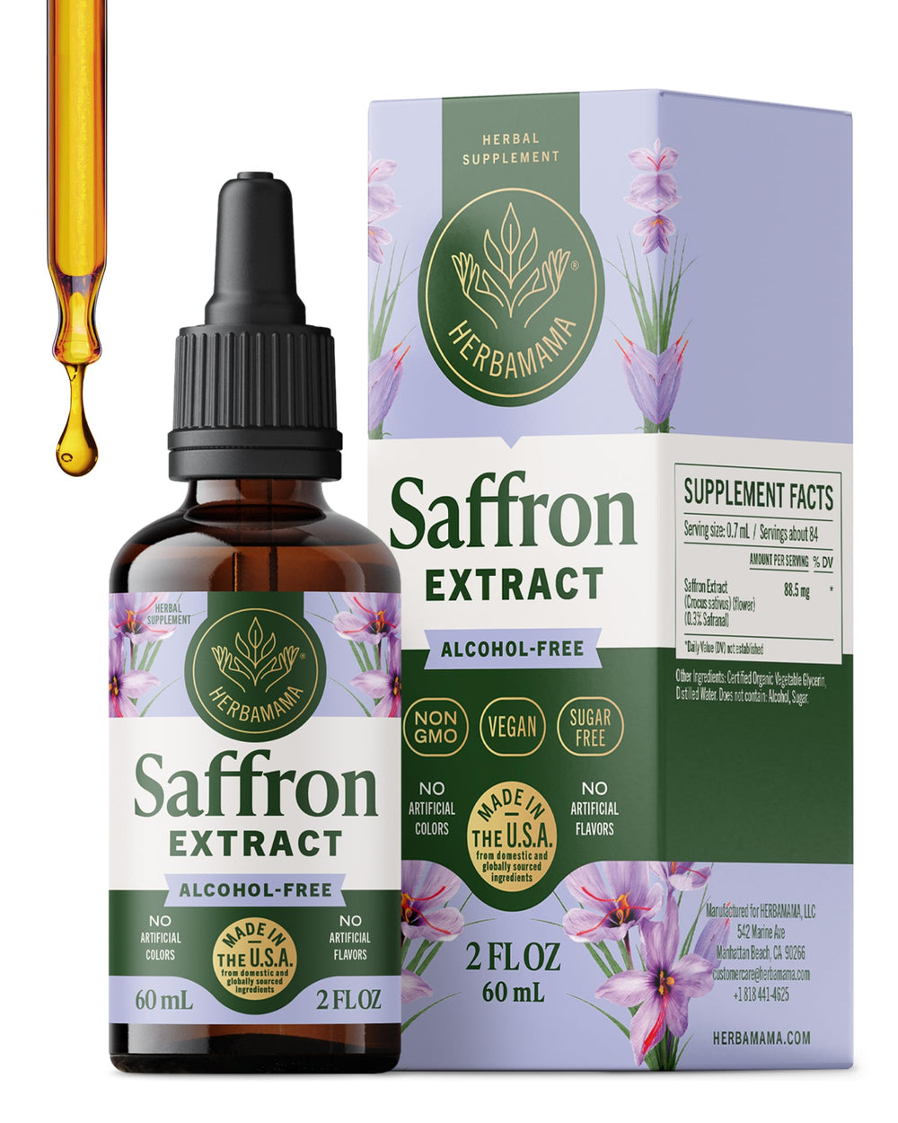 HERBAMAMA saffron tincture bottle ready for daily mood support and antioxidant balance.