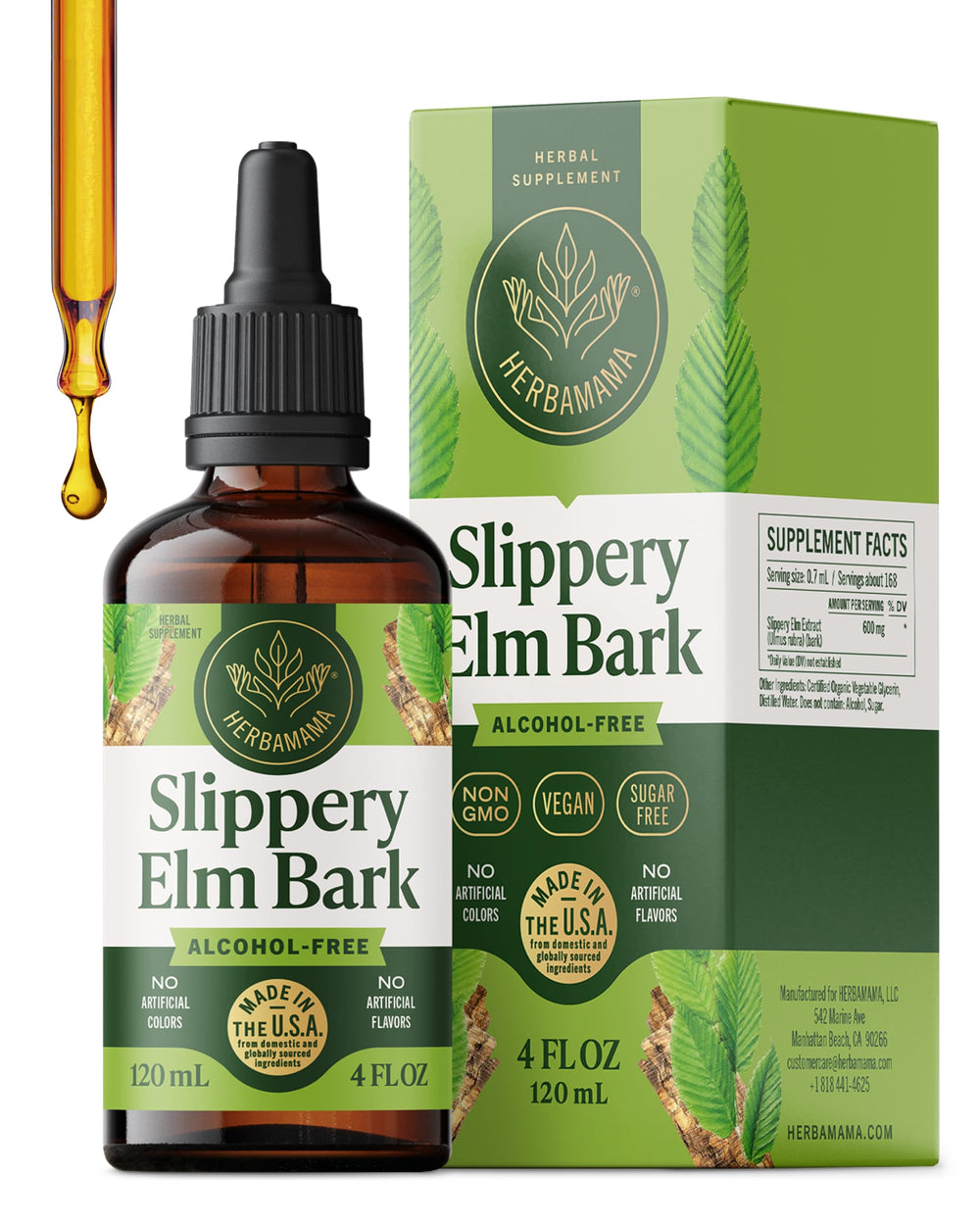 HERBAMAMA Slippery Elm drops bottle on table for daily wellness support