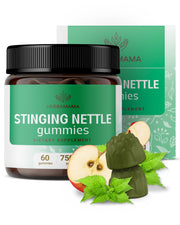 HERBAMAMA Stinging Nettle Gummies bottle showing vegan and non-GMO formula for daily urinary support
