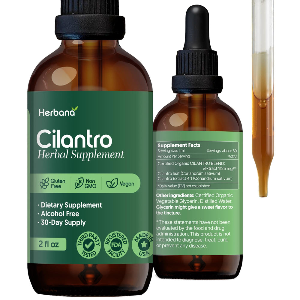 HERBANA Cilantro Leaf Liquid Extract bottle promoting calming balance.