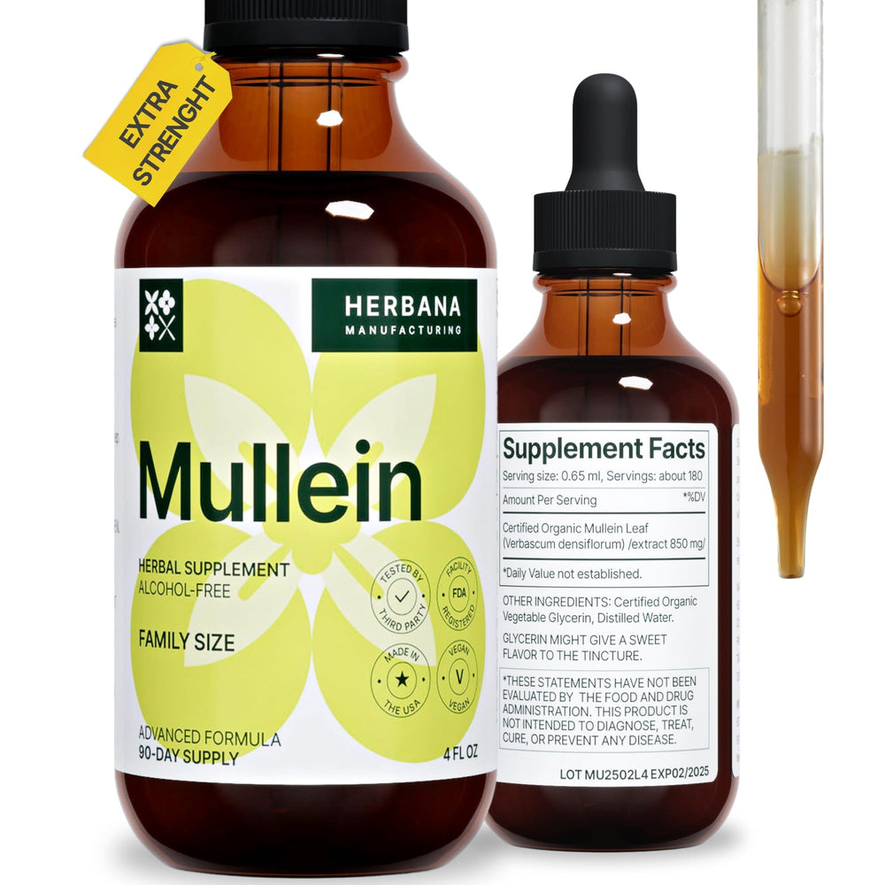 Herbana Mullein Leaf Liquid Extract bottle with dropper for respiratory support