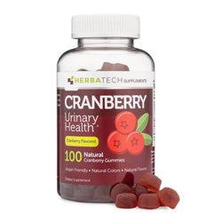 Herbatech Cranberry Gummies bottle on a clean counter, showcasing the product for urinary health support.