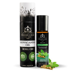 HerbElixir Ashwagandha roll-on bottle for quick calm and daily stress relief.