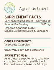 HerbEra Agaricus Blazei label highlighting verified identity and USA production.