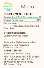 Label emphasizes natural ingredients and USA-made quality from Herbera Maca B60.