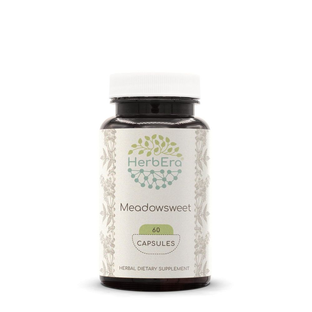 HerbEra Meadowsweet capsules bottle showing 400 mg per capsule for daily herbal use