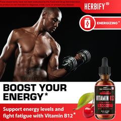 HERBIFY B12 liquid bottle pouring drops into glass for a quick boost.