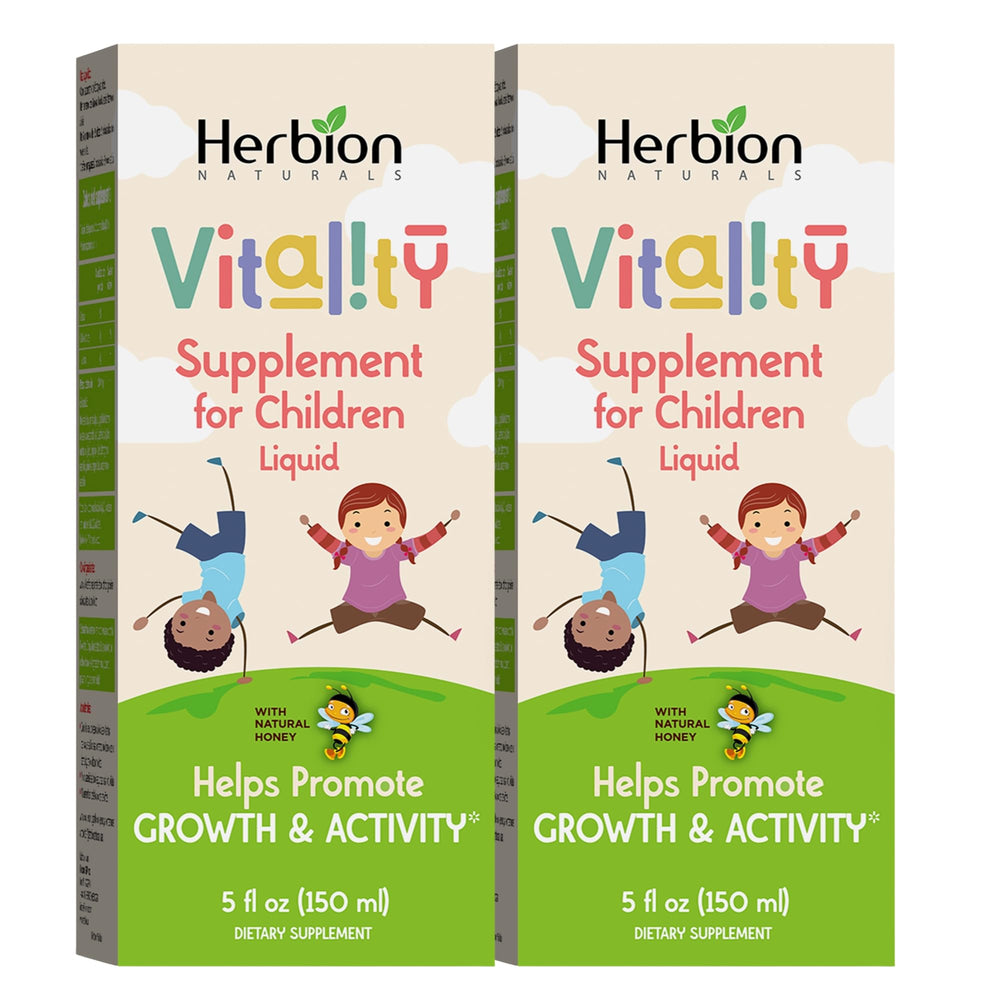 Herbion Vitality for Kids bottle pour, showing easy dosing and palatable syrup.
