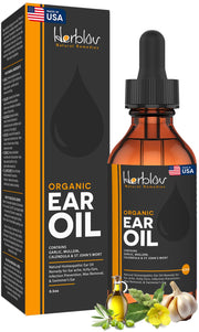 Herblov Organic Ear Oil with mullein and garlic for soothing ear care.