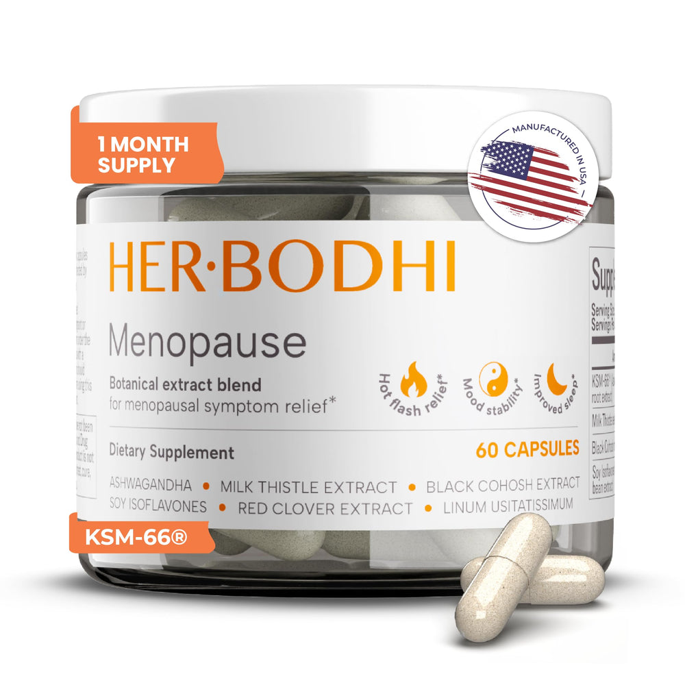 Her Bodhi MENO bottle front with vegan capsules for menopause support