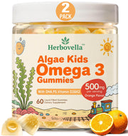 Herbovella kids algae omega-3 gummies bottle showing vegan formula and no fishy aftertaste