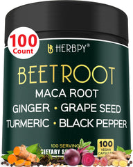 Herbpy beetroot maca capsules bottle and label for daily heart support