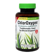 Herbs Etc. ChlorOxygen bottle shows concentrated chlorophyll for daily blood-support potential