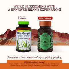 Herbs Etc. ChlorOxygen softgel closeup highlights convenient capsules for on-the-go energy