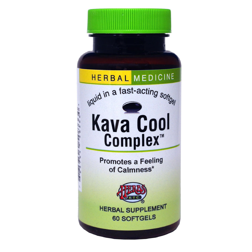 Herbs Etc. Kava Calm Complex bottle supports daily relaxation.