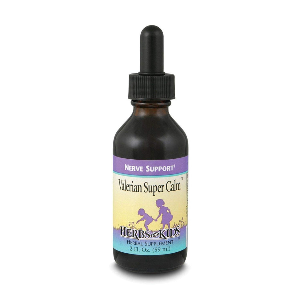 Herbs For Kids Valerian Super Calm bottle, soothing bedtime routine for kids.