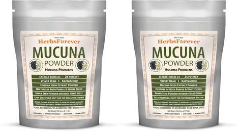 Herbsforever Mucuna Pruriens powder on a 2-pack box, highlighting value for daily vitality
