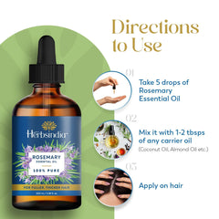 Herbsindia Rosemary Oil label detail emphasizing purity and non-GMO ingredients.
