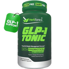 Herbtonics GLP-1 Tonic bottle front supports appetite management with vegan capsules.