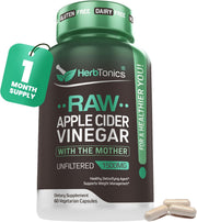 Herbtonics raw apple cider vinegar capsules bottle highlighting 1500 mg per serving for wellness support.