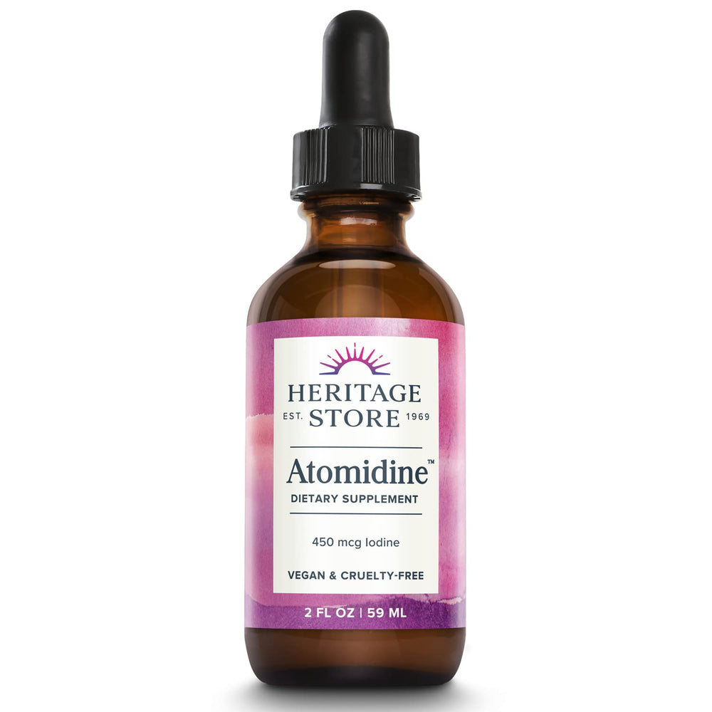 Heritage Store Atomidine 450mcg liquid dropper shown for precise daily dosing.