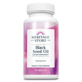 Heritage Store black seed oil bottle close-up with antioxidant benefits.