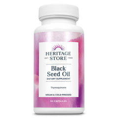 Heritage Store black seed oil bottle close-up with antioxidant benefits.