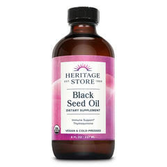 HERITAGE STORE Black Seed Oil bottle on shelf highlighting organic cold pressed quality