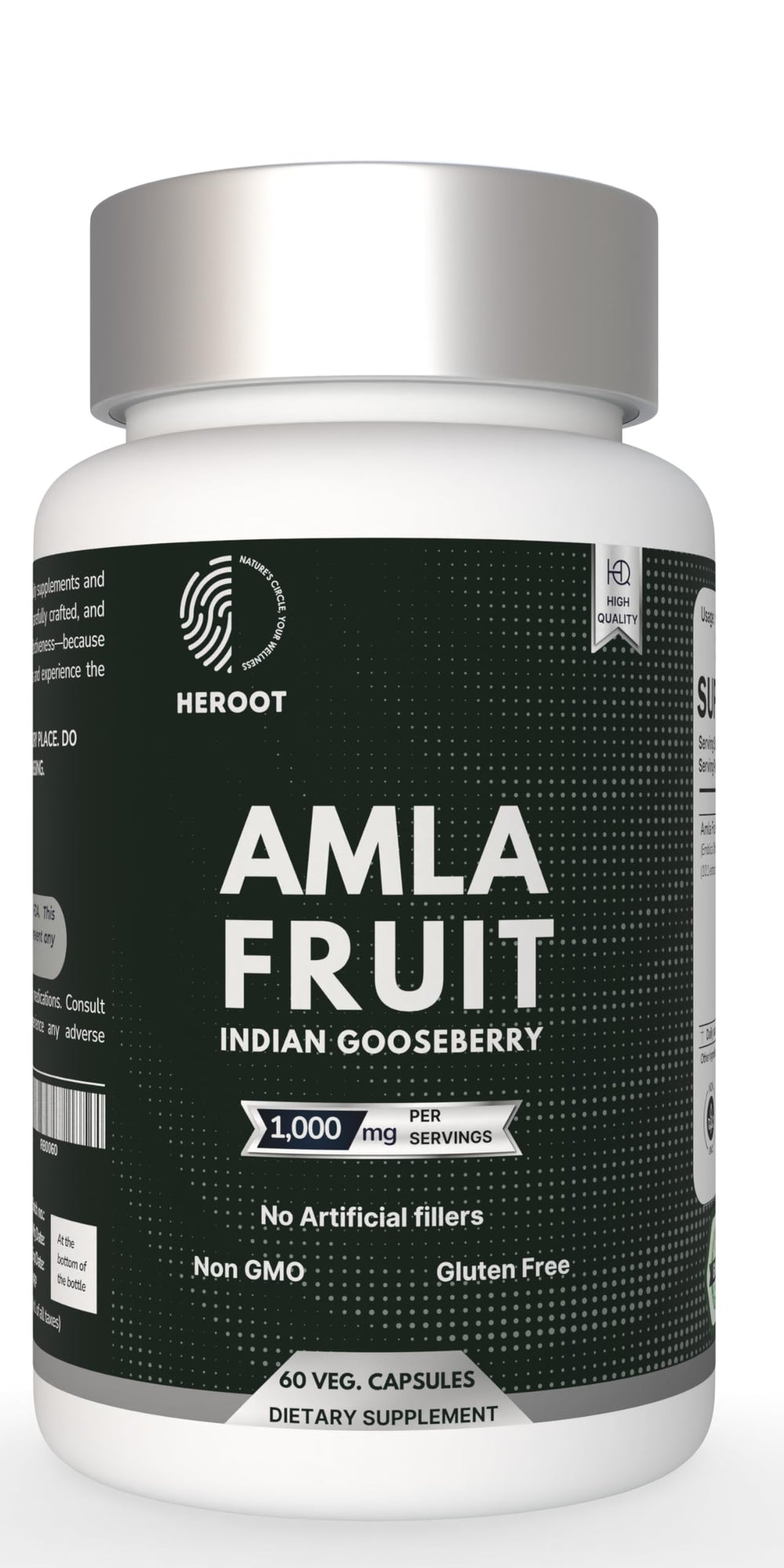 Heroot Organic Amla capsules bottle with potential immune support and skin glow.